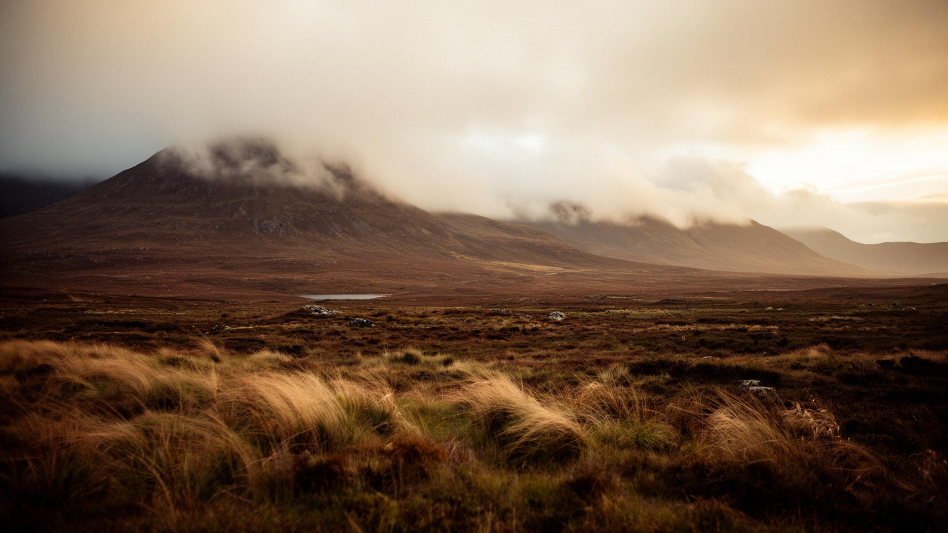 Mist rolling across the Scottish highlands at golden hour